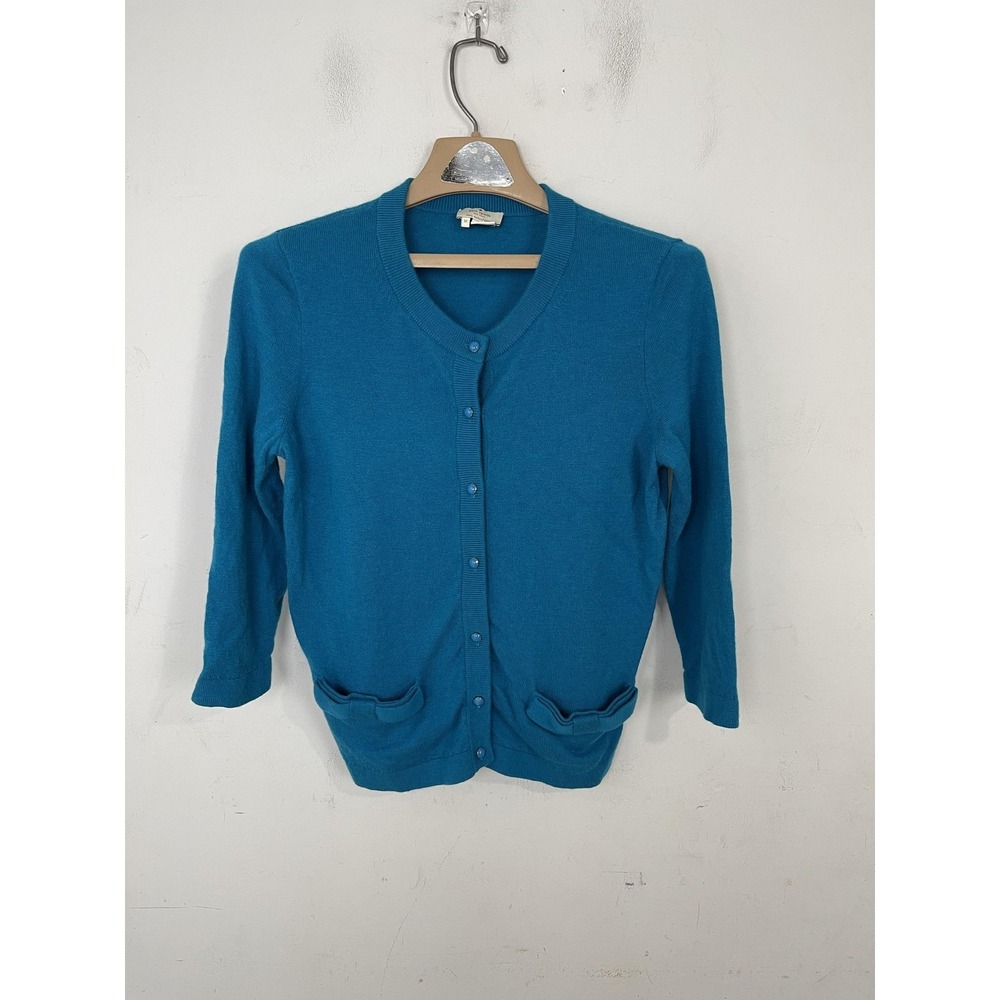 Kate Spade Sweater Womens Medium Blue Wool Cashmere Blend Cardigan Bow Pockets